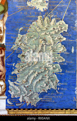 Vintage map o mappa vecchia della Sardegna. Mappa di parete, o affresco dipinto nella galleria di mappe (1580-83) basato su disegni di Ignazio Danti Musei Vaticani Foto Stock