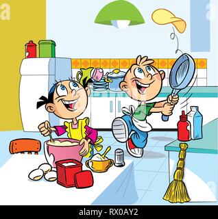 In illustrazione vettoriale, cartoon ragazzo e una ragazza di preparare il cibo in cucina. Divertimento bambini bake pancakes. Illustrazione Vettoriale