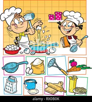 La figura mostra come divertimento i bambini stanno preparando un pasto, come pure gli ingredienti alimentari per la cottura. Illustrazione fatta in stile cartoon. Illustrazione Vettoriale