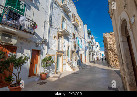 Monopoli, Puglia, Italia - Street e vicolo con una vista di colorate case nella città vecchia. Una regione della Puglia Foto Stock