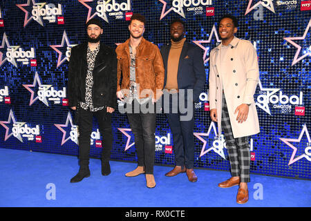 Mustafa Rahimtulla, Myles Stephenson, Ashley Fongho, e Jamaal Shurland di Rak-Su assiste il Global Awards 2019 con molto.co.uk tenutasi a Londra, Eventim Apollo Hammersmith. Foto Stock