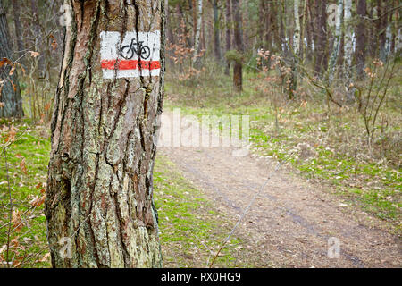 Bike Trail segno su un albero in una fitta foresta. Foto Stock