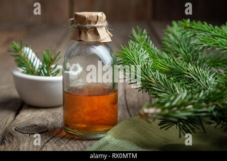 Fir olio aromatico. Pino olio essenziale in un vetro trasparente bottiglia. Di conifere a rami di alberi e di mortaio. Foto Stock