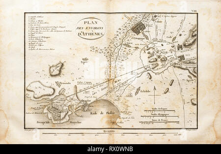 Vecchia mappa della zona intorno ad Atene in Grecia da un 1802 libro in francese Foto Stock