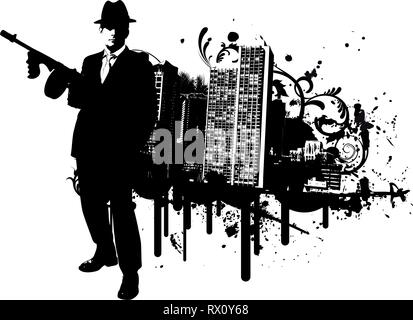 Boss mafioso con la mitragliatrice sorge nella parte anteriore della skyline di una città con elementi di design in background Illustrazione Vettoriale