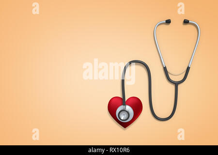 3D rendering di uno stetoscopio con un rosso cuore stilizzato attaccato al chestpiece su uno sfondo luminoso con un sacco di spazio copia verso sinistra. Foto Stock