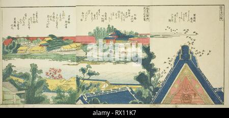 Le pagine dal libro illustrato "vista panoramica lungo le rive del Fiume Sumida (Ehon Sumidagawa ryogan ichiran)'. Katsushika Hokusai ?? ??; Giapponese, 1760-1849. Data: 1801-1806. Dimensioni: 23,4 x 46,6 cm. Colore stampa woodblock; 3 pagine dal libro illustrato. Provenienza: Giappone. Museo: Chicago Art Institute. Foto Stock