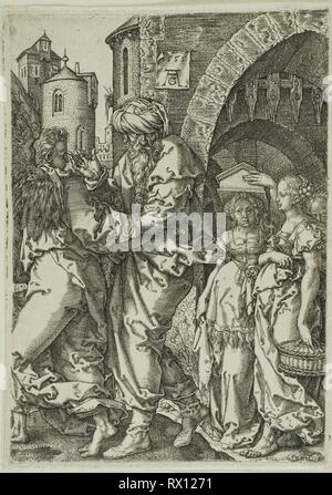Lot e la sua famiglia in fuga da Sodoma, dalla storia del lotto. Heinrich Aldegrever; Tedesco, 1502-c.1560. Data: 1555. Dimensioni: 115 x 80 mm (piastra); 124 x 80 mm (foglio). Incisione in nero su avorio di cui la carta. Origine: Germania. Museo: Chicago Art Institute. Foto Stock