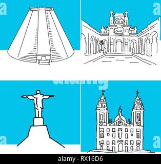 Rio de Janeiro insieme di edifici. Disegnate a mano di alta qualità profilo del vettore di disegni. Illustrazione Vettoriale