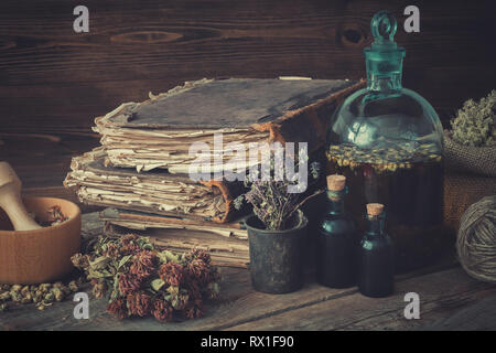 Tintura di bottiglie, assortimento di secca erbe sane, vecchi libri e mortaio di legno, sacco di erbe medicinali. La medicina di erbe. Foto Stock