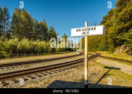 Settembre 15, 2018 - Skagway AK: Skagway signpost giunzione lungo White Pass e Yukon Route linea ferroviaria, accanto al Dewey Creek percorso a piedi. Foto Stock