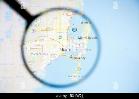 Miami city visualization concetto illustrativa sullo schermo attraverso la lente di ingrandimento Foto Stock