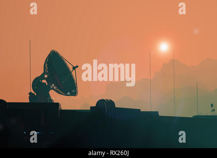 Antenna satellitare piatto silhouette della base spaziale su Marte, 3d illustrazione Foto Stock