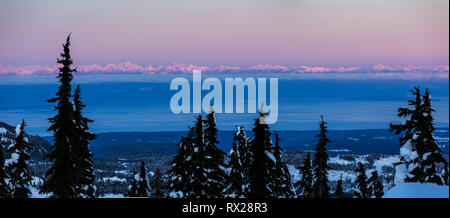 Le tonalità fredde si depositano su una foresta costiera con la British Columbia Coast Range e lo stretto di Georgia sullo sfondo dopo il tramonto. Comox Valley, Vancouver Island, British Columbia, Canada Foto Stock