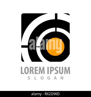 Quadrato nero con cerchio di colore arancione del logo concept design. Simbolo grafico elemento di modello Illustrazione Vettoriale