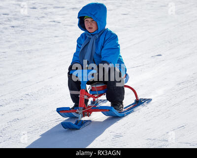 Il ragazzo corse scooter neve dalla montagna di puro bianco della neve in inverno. Foto Stock