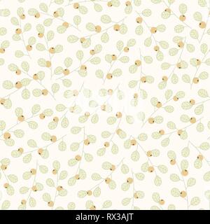 Disegnata a mano con motivi floreali di vettore seamless pattern con rami e foglie su sfondo beige. Molla di carino decorazione con piante e bacche di colore giallo. Illustrazione Vettoriale