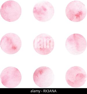 Serie di dipinti a mano ad acquerello del vettore texture cerchio isolato su uno sfondo bianco per il vostro design. Punti rosa. Illustrazione Vettoriale