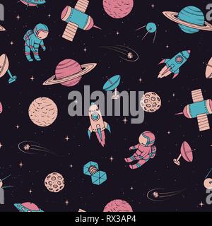 Vector seamless pattern con i cosmonauti, satelliti, razzi, pianeti, luna e stelle cadenti e UFO in stile sketchy. Elementi cosmici sul buio stellato Illustrazione Vettoriale