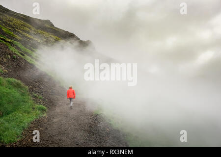 Ragazzo coraggiosamente i viaggi da solo su Islanda avventura in steamy valley Foto Stock