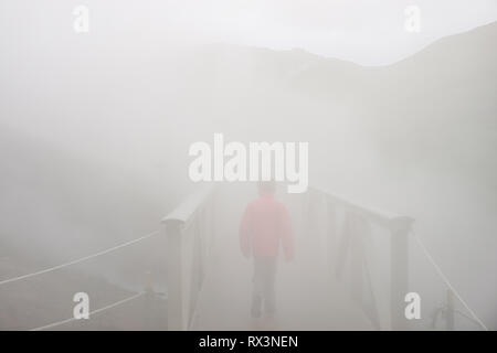 Ragazzo da solo a piedi in Unknown on Islanda avventura in steamy valley Foto Stock