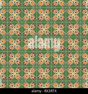 A scacchi senza cuciture ornamentali pattern con Fiori in rosso e arancione sul muto sfondo verde, vettore come un tessuto texture Illustrazione Vettoriale