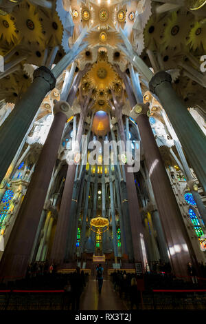 L'incredibile atrio interno di Antonio alla Sagrada Familia di Gaudi a Barcellona, Spagna. Foto Stock