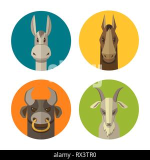 Gli animali della fattoria asino, cavallo, Bull, capra design piatto vettore icona impostare Illustrazione Vettoriale