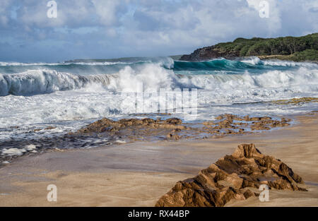 Spiaggia vulcanica: venti forti e una marea di creare grandi onde che vanno in crash contro un ripiano vulcanico su una spiaggia nelle isole Hawaii. Foto Stock