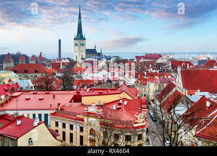 Vista sul centro storico di Tallinn in Estonia. Tetti rossi delle vecchie case di città europea di Tallinn. Tetto con le ali. Foto Stock