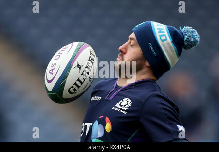 Scozia Greig Laidlaw durante il capitano di eseguire a BT Murrayfield, Edimburgo. Foto Stock