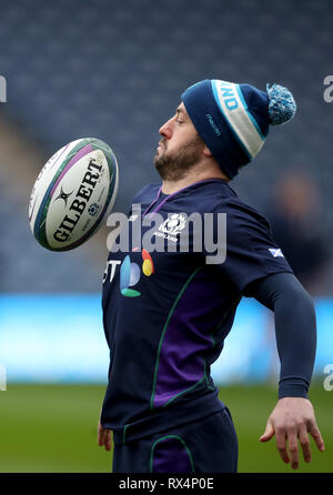 Scozia Greig Laidlaw durante il capitano di eseguire a BT Murrayfield, Edimburgo. Foto Stock