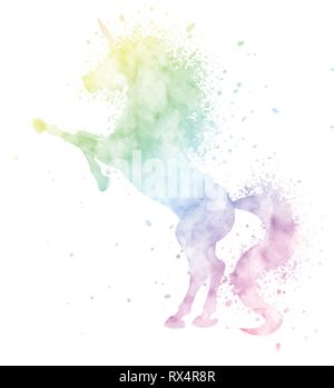 Acquerello unicorn silhouette pittura con texture splash isolati su sfondo bianco. Carino magia creatura illustrazione vettoriale nei colori dell'arcobaleno. Illustrazione Vettoriale