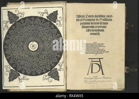 Il terzo nodo, ribaltati in il pittore della manuale e altri testi. Albrecht Dürer; Tedesco, 1471-1528. Data: 1525-1538. Dimensioni: 292 x 200 mm (foglio). Xilografia in nero su avorio carta vergata, ribaltato nel libro di xilografie e in rilievo sulla crema di latte di cui la carta, in piena di allume di maiale tawed smussata su tavole di legno, cucito su sollevato tanga, cesellata cieco "all-over' con piccoli utensili, con due ganci in ottone-chiusura chiusure e cuciti a mano stringitesta. Origine: Germania. Museo: Chicago Art Institute. Foto Stock