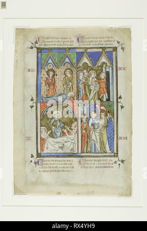 Scene di Miracoli di San Pietro, da una Bibbia Historiale o pittorica del Nuovo Testamento. Francese (Francia nord orientale, eventualmente Metz). Data: 1345-1355. Dimensioni: 286 × 202 mm. Acquerello opaco, doratura mordente con la penna e il nero, il rosso e il blu inchiostro su pergamena. Provenienza: Francia. Museo: Chicago Art Institute. Foto Stock