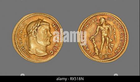 Aureus (moneta) raffigurante l'imperatore Maximianus Herculius. Roman, coniate a Treviri. Data: 303 annuncio. Dimensioni: 1,8 cm; 5,25 g. Oro. Origine: . Museo: Chicago Art Institute. Autore: antico romano. Foto Stock