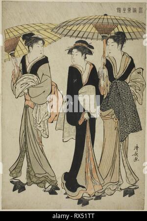 Sotto gli ombrelloni in una doccia, dalla serie 'A Brocade di maniere Orientale (Fuzoku Azuma no nishiki)'. Torii Kiyonaga; Giapponese, 1752-1815. Data: 1778-1789. Dimensioni: 38,0 x 26,1 cm. Colore stampa woodblock; oban. Provenienza: Giappone. Museo: Chicago Art Institute. Foto Stock