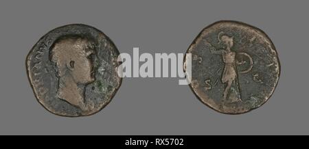 Sestertius (moneta) raffigurante l'imperatore Adriano. Roman. Data: 117 AD-138 Annuncio. Dimensioni: diam. 2,7 cm; 12 g. Bronzo. Origine: Impero Romano. Museo: Chicago Art Institute. Autore: antico romano. Foto Stock