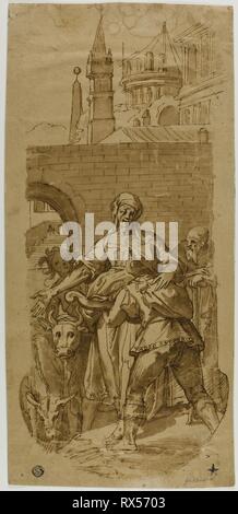 Taddeo Zuccaro all'entrata di Roma, accolti dalla servitù, stenti e fatiche. Dopo Federico Zuccaro (italiano, 1540/41-1609); o Baldassare Peruzzi (Italiano, 1481-1536); o Federico Zuccaro (Italiano, c. 15442-1609). Data: 1590-1600. Dimensioni: 405 x 192 mm (max). Penna e inchiostro bruno con pennello e lavaggio marrone, su tan carta vergata, stabilite su avorio di cui la carta. Origine: Italia. Museo: Chicago Art Institute. Foto Stock