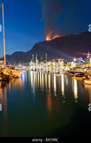 Makarska, Dalmazia, Croazia, Europa - un incendio in un bosco vicino al porto di Makarska Foto Stock