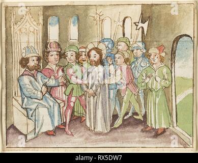 Cristo prima che il Sommo Sacerdote Annas, da un Plenarium. Pittore tedesco. Data: 1465-1475. Dimensioni: 114 × 148 mm. Penna e inchiostro bruno e acquerello (recto) e penna e inchiostro bruno, con spazzola e rosso acquerello opaco (verso), la crema di cui la carta. Origine: Germania. Museo: Chicago Art Institute. Foto Stock