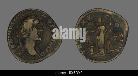 Sestertius (moneta) raffigurante l'imperatore Antonino Pio. Roman. Data: 157 AD-158 Annuncio. Dimensioni: diam. 3.3 cm; 20,48 g. Bronzo. Origine: Impero Romano. Museo: Chicago Art Institute. Autore: antico romano. Foto Stock