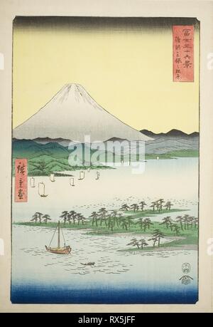 Spiaggia di pino a Miho nella provincia di Suruga (Suruga Miho no matsubara), dalla serie 'trentasei vedute del Monte Fuji (Fuji sanjurokkei)'. Utagawa Hiroshige ?? ??; Giapponese, 1797-1858. Data: 1858. Dimensioni: 37,1 x 25,4 cm (14 5/8 x 10 in.). Colore stampa woodblock; oban. Provenienza: Giappone. Museo: Chicago Art Institute. Foto Stock