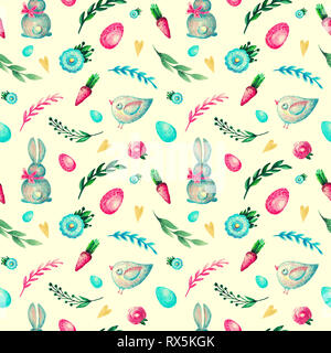 Seamless pattern ramo di fiori di coniglio birdie. Molla illustrazione ad acquerello tonica Foto Stock