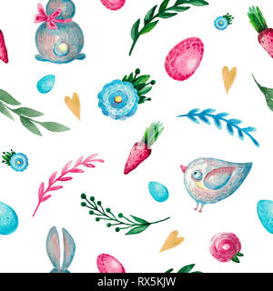 Seamless pattern ramo di fiori di coniglio birdie. Molla illustrazione ad acquerello Foto Stock