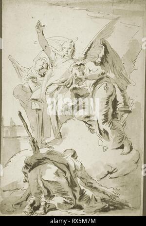 Tre angeli che appaiono ad Abramo. Giambattista Tiepolo; Italiano, 1696-1770. Data: 1723-1733. Dimensioni: 431 x 285 mm. Penna e inchiostro bruno e la spazzola e il marrone ed il grigio lavaggio, oltre gesso nero, su avorio di cui la carta. Origine: Italia. Museo: Chicago Art Institute. Foto Stock