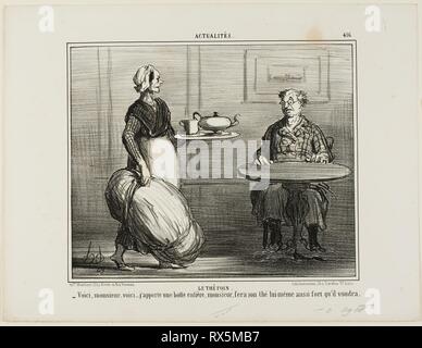 Il tè alle erbe. '- Qui siete, Monsieur, ho pensato di portare con sé tutto il pacco di fieno in modo che sia possibile decidere da soli circa la forza del vostro tè, piastra' 416 da Actualités. Honoré Daumier Victorin; francese, 1808-1879. Data: 1857. Dimensioni: 201 × 245 mm (nell'immagine); 275 × 358 mm (foglio). Litografia in nero su carta bianca di qualità della carta. Provenienza: Francia. Museo: Chicago Art Institute. Autore: Honoré-Victorin Daumier. Foto Stock