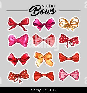 Bow disegnati a mano gli adesivi di vettore illustrazioni set. Realistico patch rosso, color oro, rosa e viola e nodi di nastro di disegno. Bowknot cliparts. Accessori per capelli. Colore isolato bow tie-in. Biglietto di auguri design Illustrazione Vettoriale