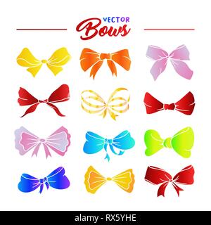 Gli archetti disegnati a mano illustrazioni set. Rainbow ribbon gradiente multicolore di nodi. Festive bowknots cartoon cliparts. Filtro Bow tie schizzi collezione. Biglietto di auguri, invito alla festa isolati gli elementi di design Illustrazione Vettoriale