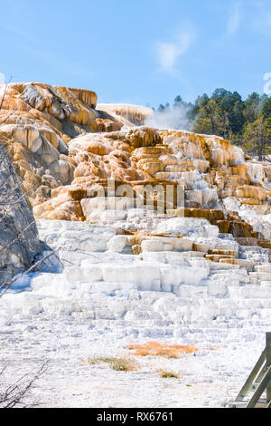 Cascata di oltre arancione e depositi minerali bianchi nel Parco Nazionale di Yellowstone Foto Stock